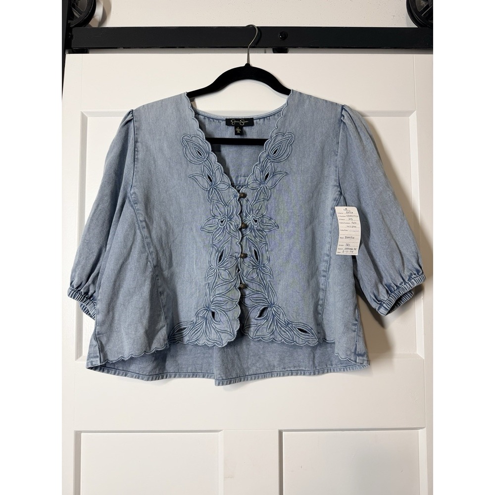 Jessica Simpson Salesman Sample Chambray Embroidered Floral Top Small Blue